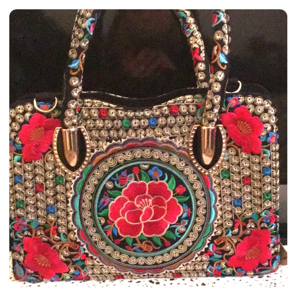 Brocade Damask on black red roses handbag handles